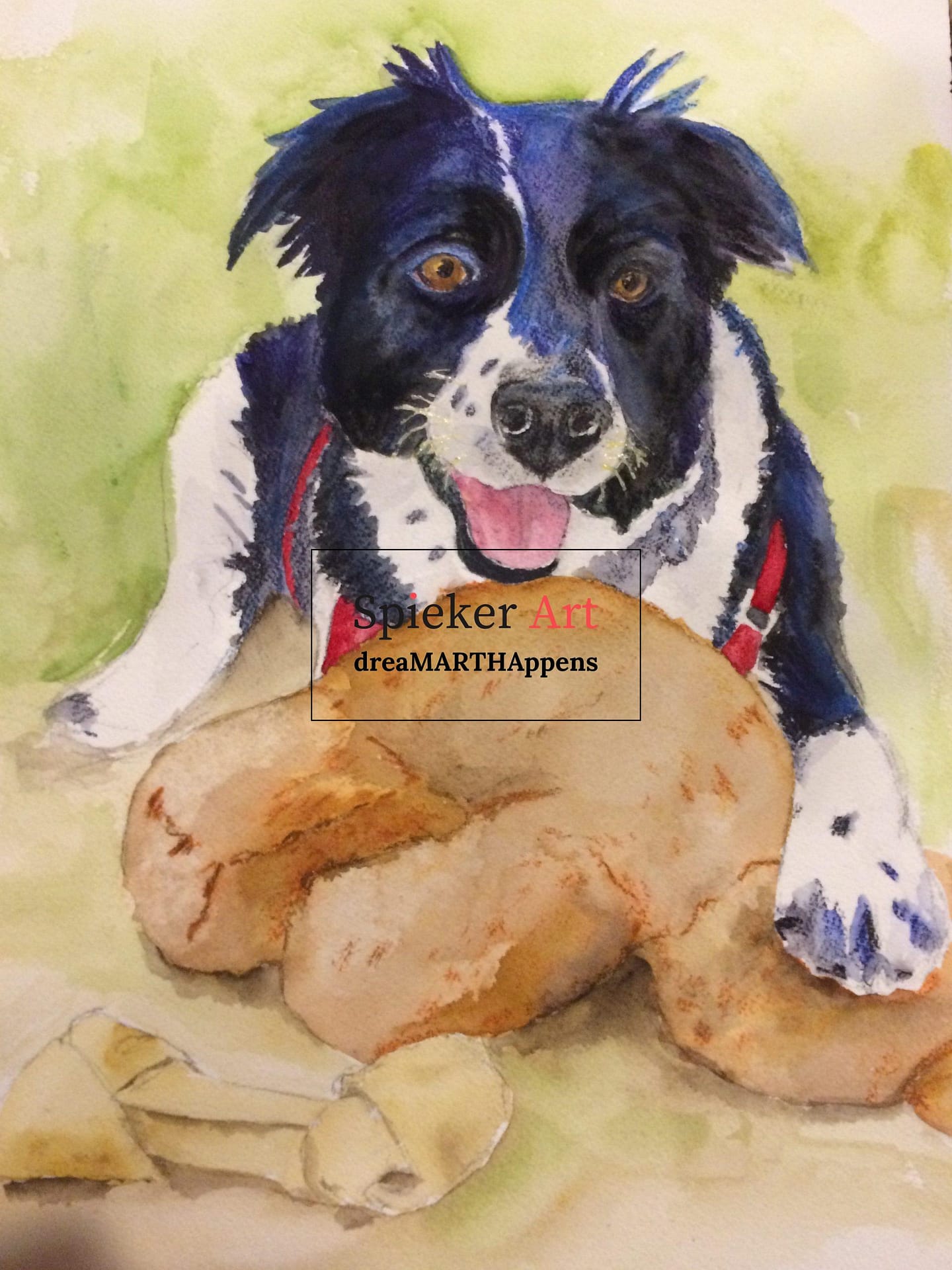 Watercolor of a  dog with her Teddy Bear