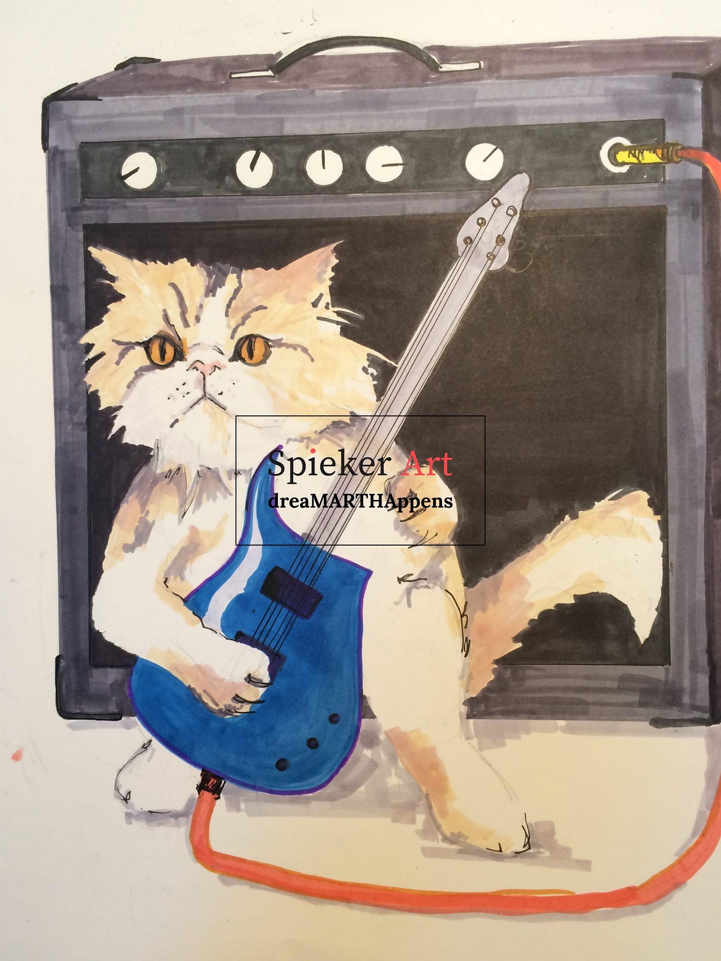 long haired cat with an attitude playing a blue electric guitar