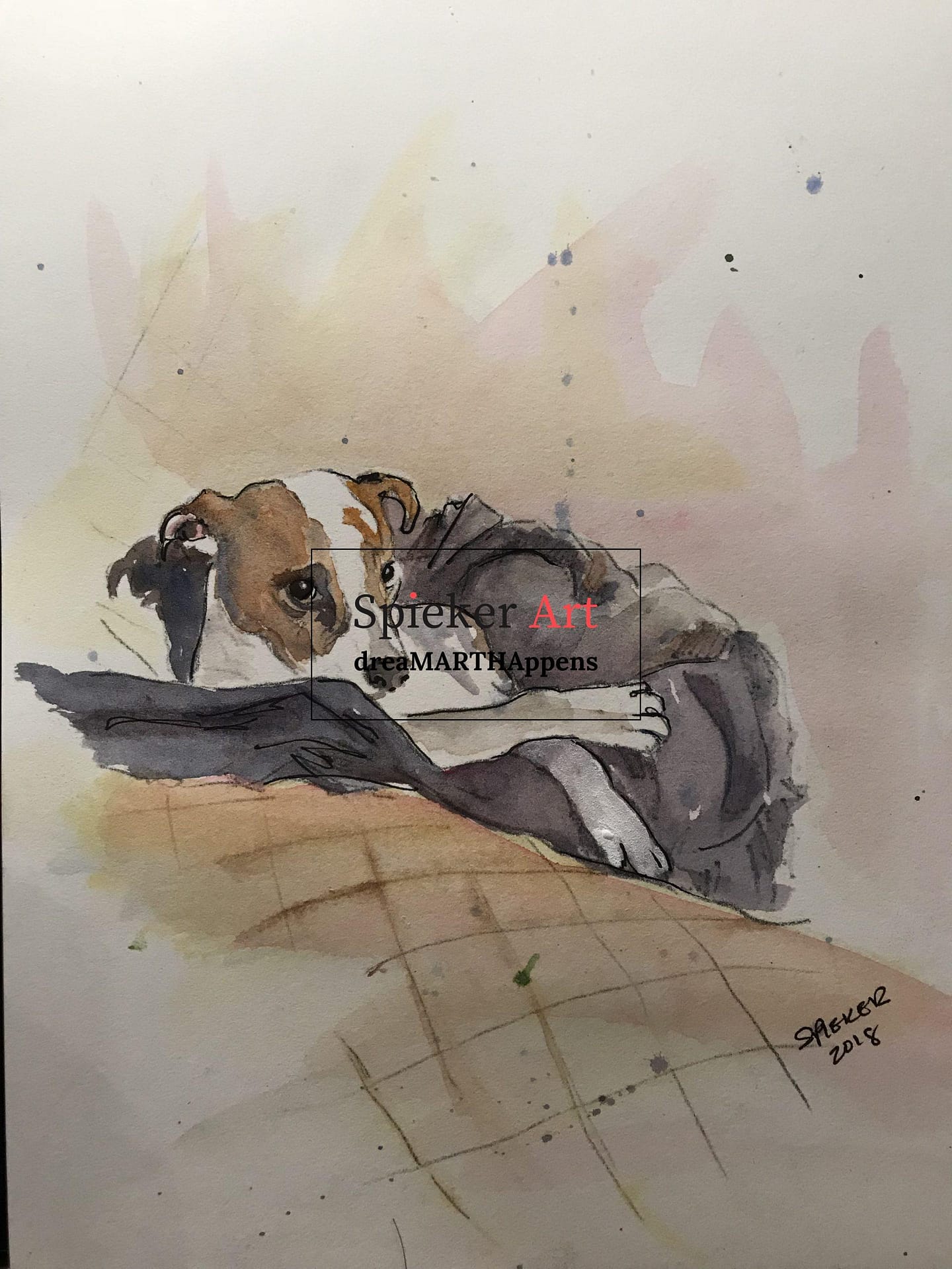 watercolor of a small dog curled up in blanket