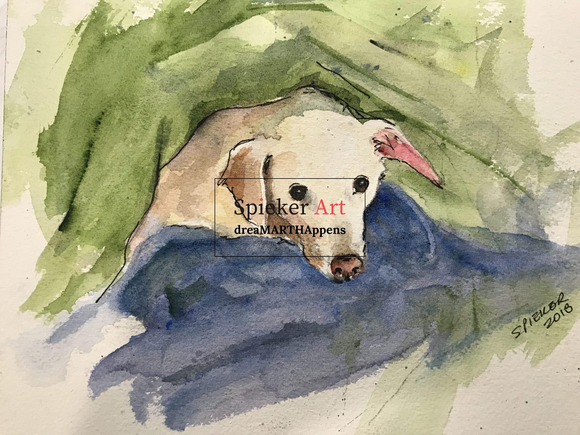 watercolor painting of white dog cuddled in some blankets