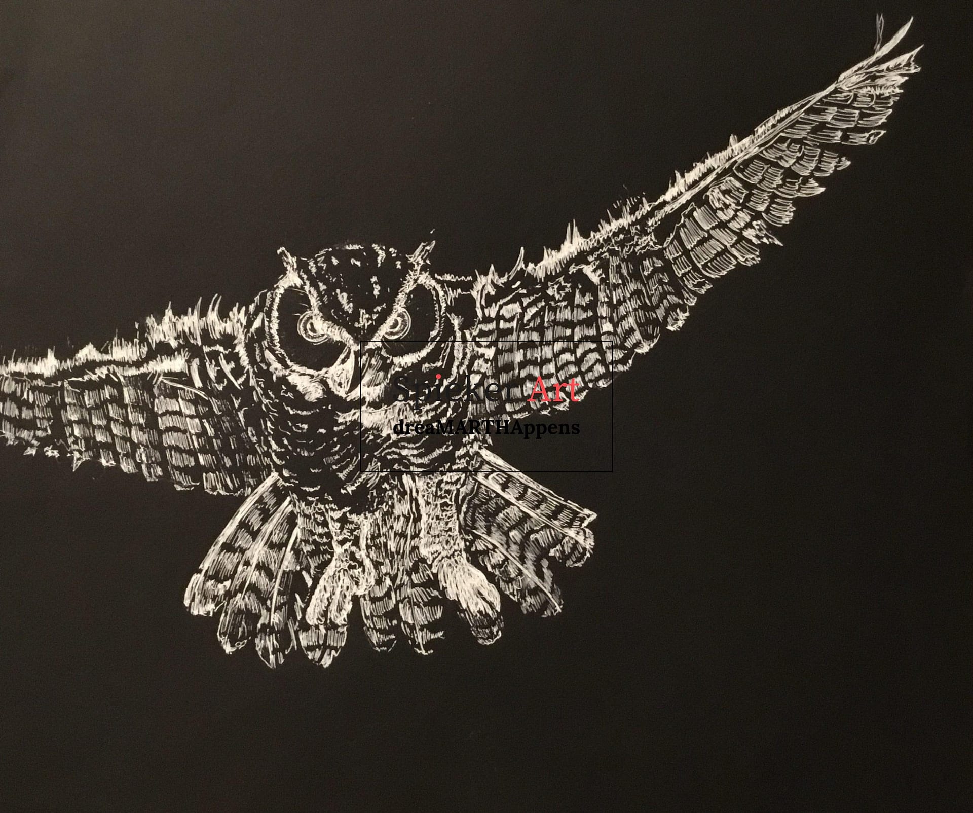 white ink drawing of horned owl on black paper
