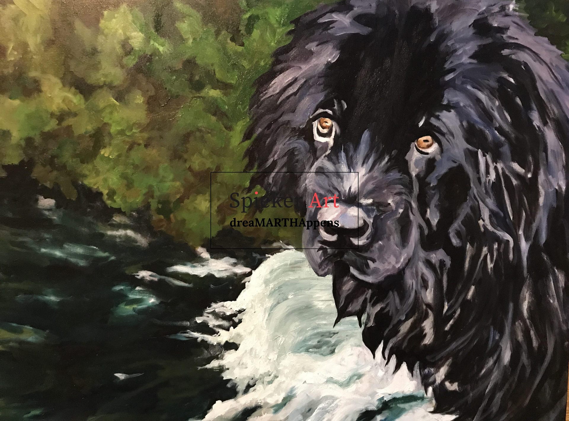 oil painting of Newfoundland dog standing in a stream