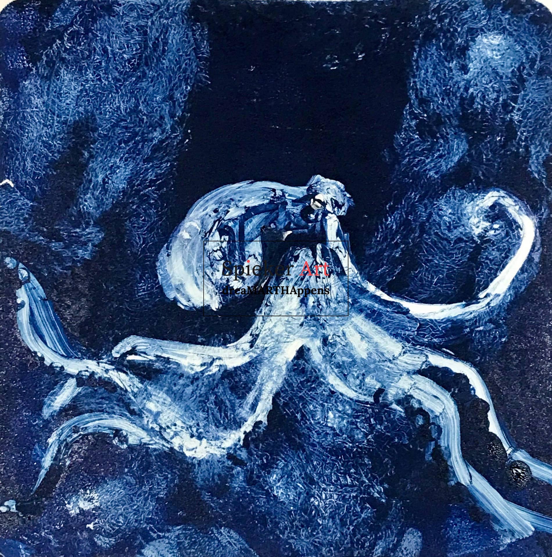 monoprint, octopus, pirouette, dancing, blue