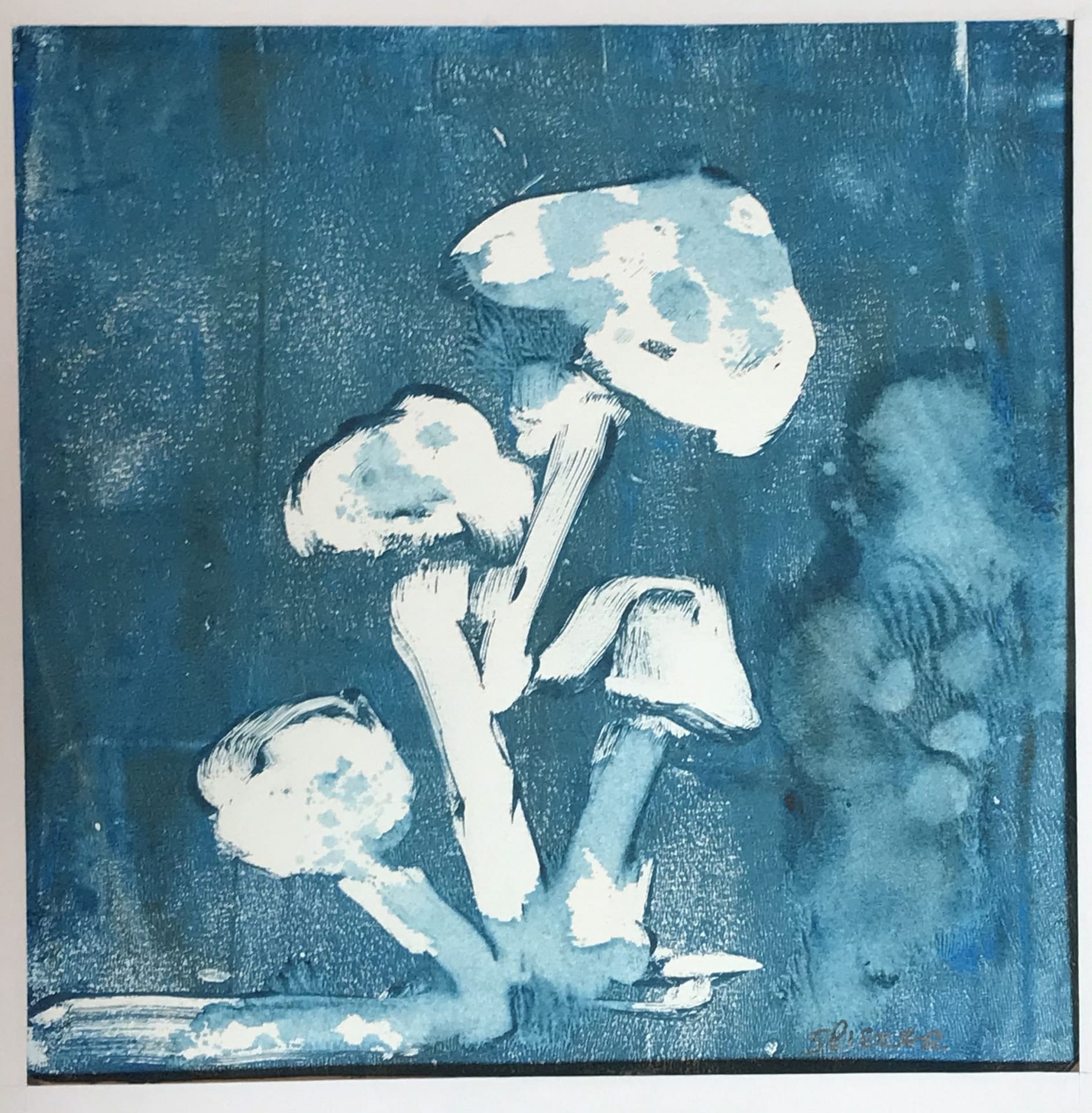 monoprint of mushrooms in blue