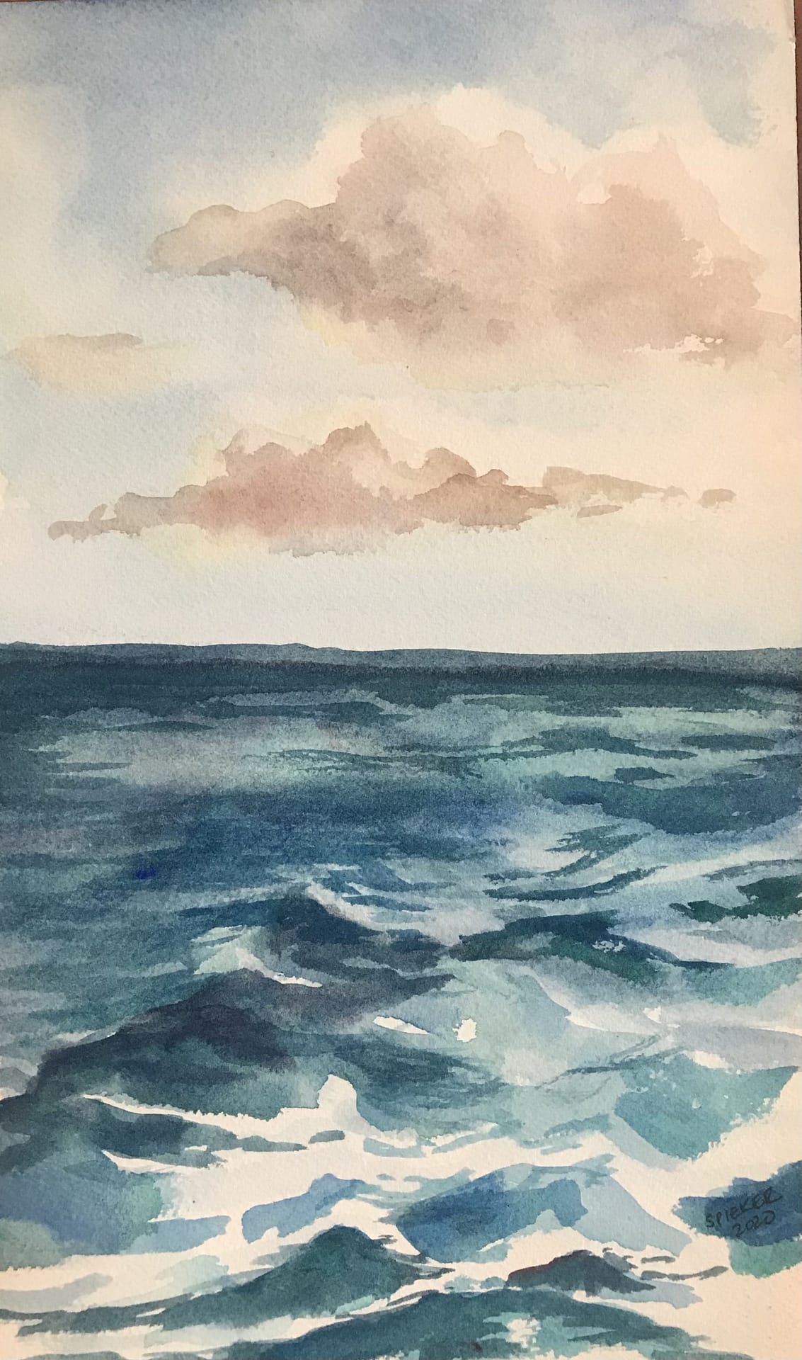 watercolor of calm sea with a few fluffy clouds overhead