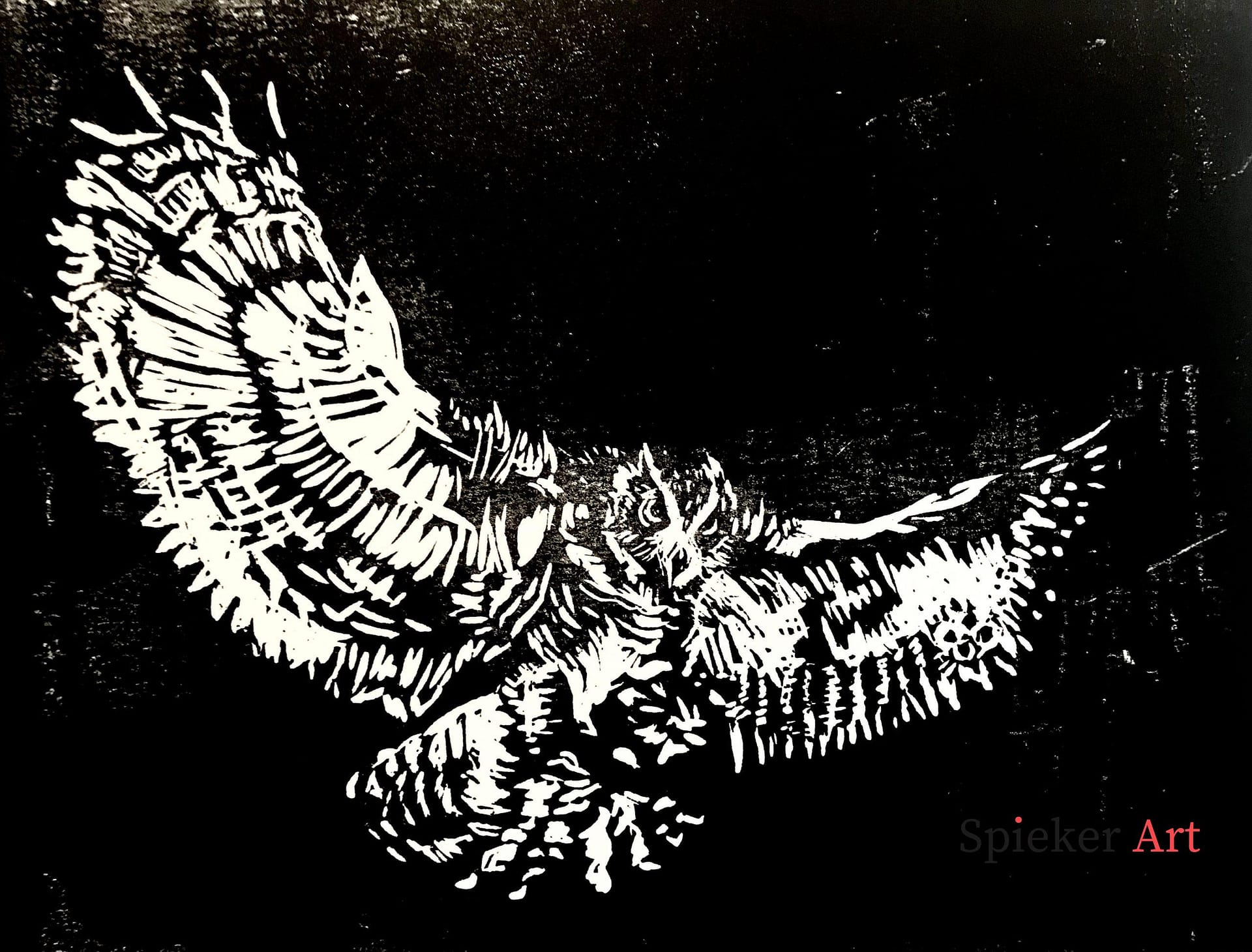 linocut of an owl swooping in