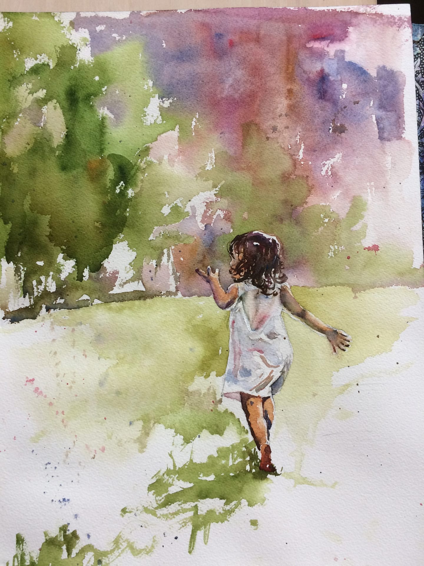 watercolor young girl running across the grass