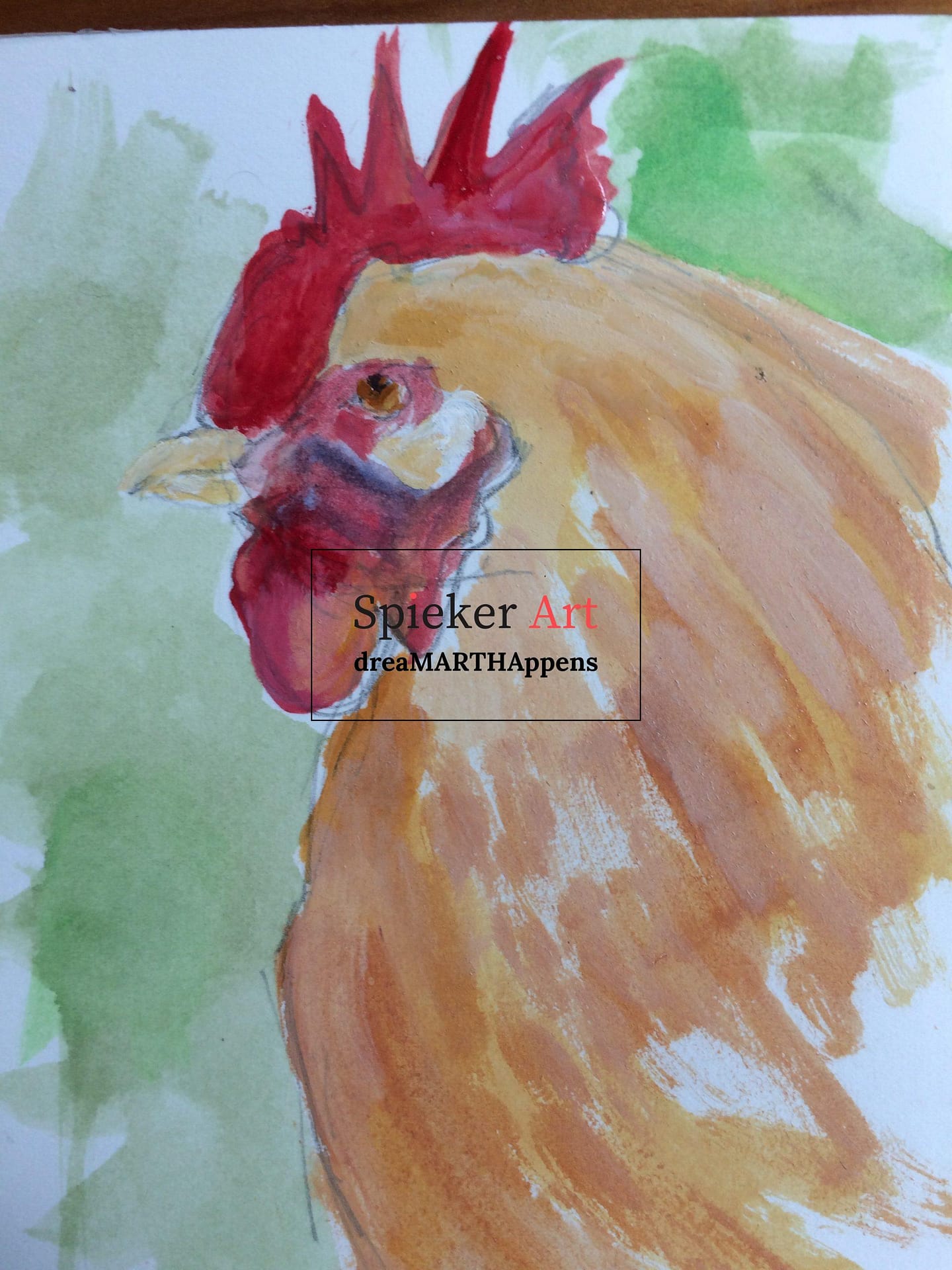 gouache painting of tan chicken with red comb