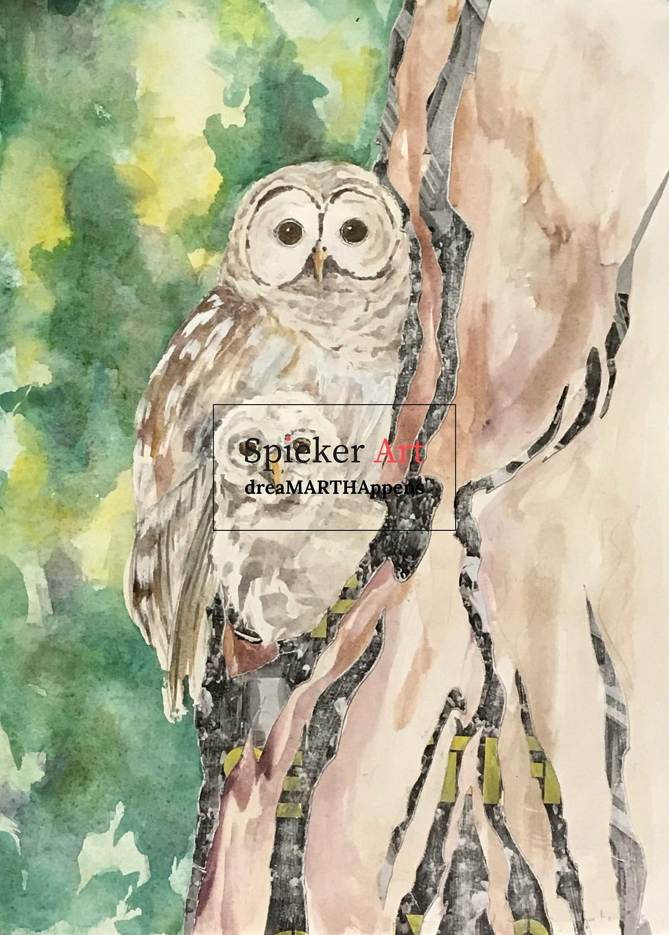mother and baby owl, watercolor and collage