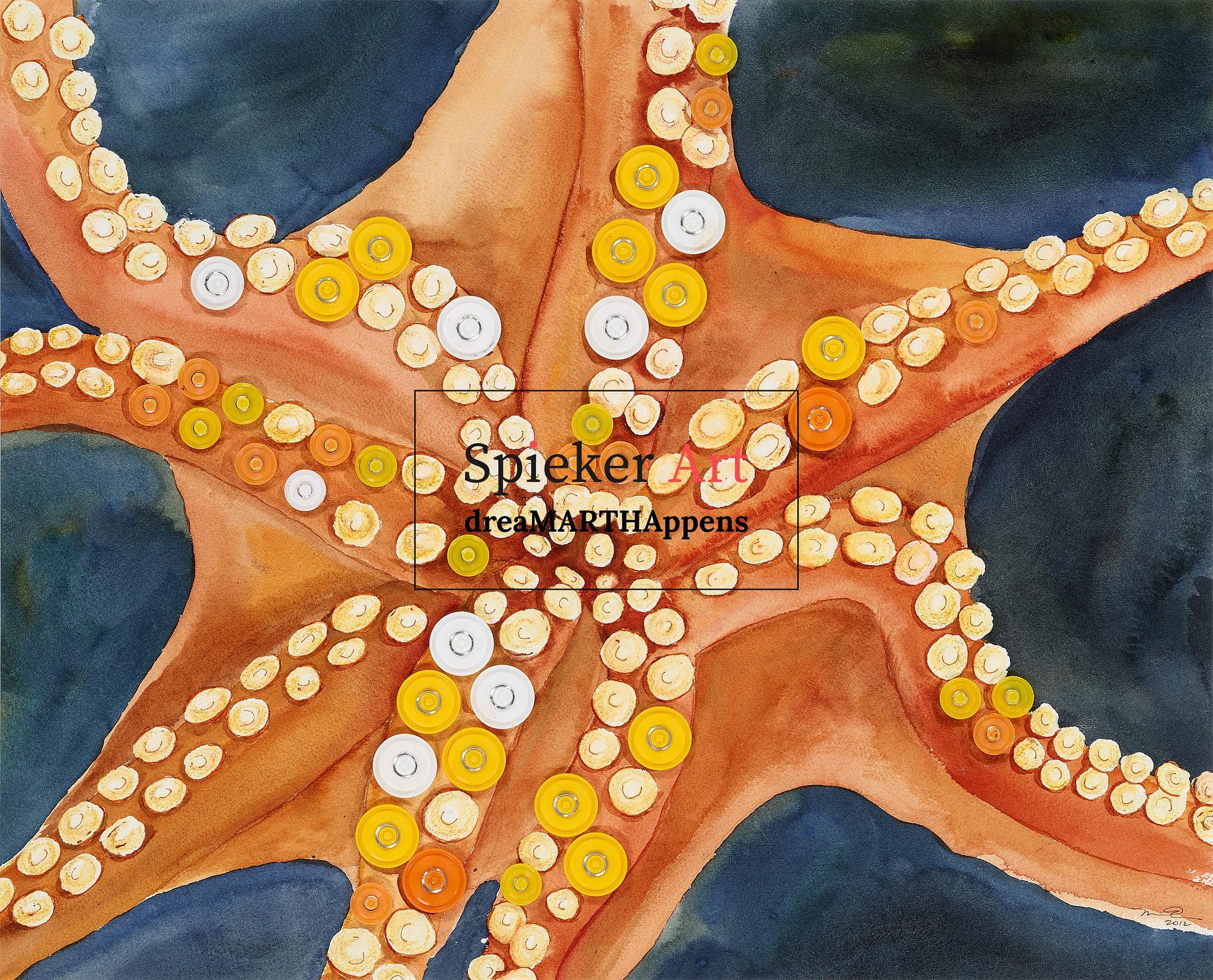 octocpus, medical vial tops, watercolor, leaving
