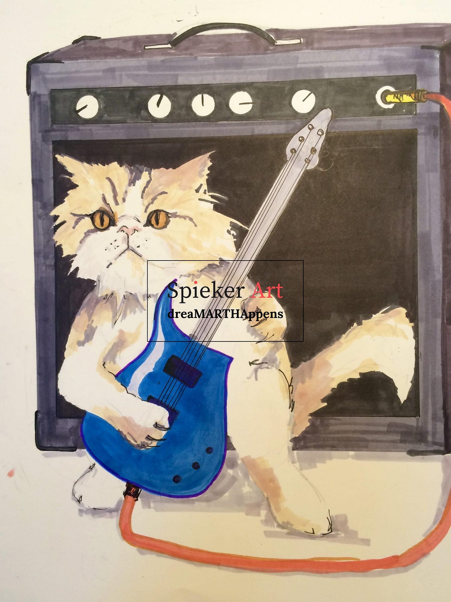shaved long hair cat playing a blue electric guitar in front of an amp