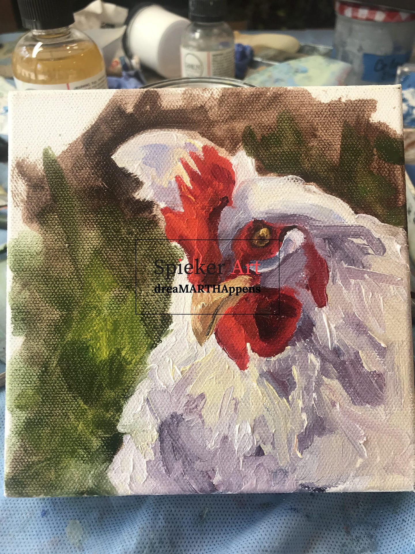 oil painting of a white chicken with a red comb