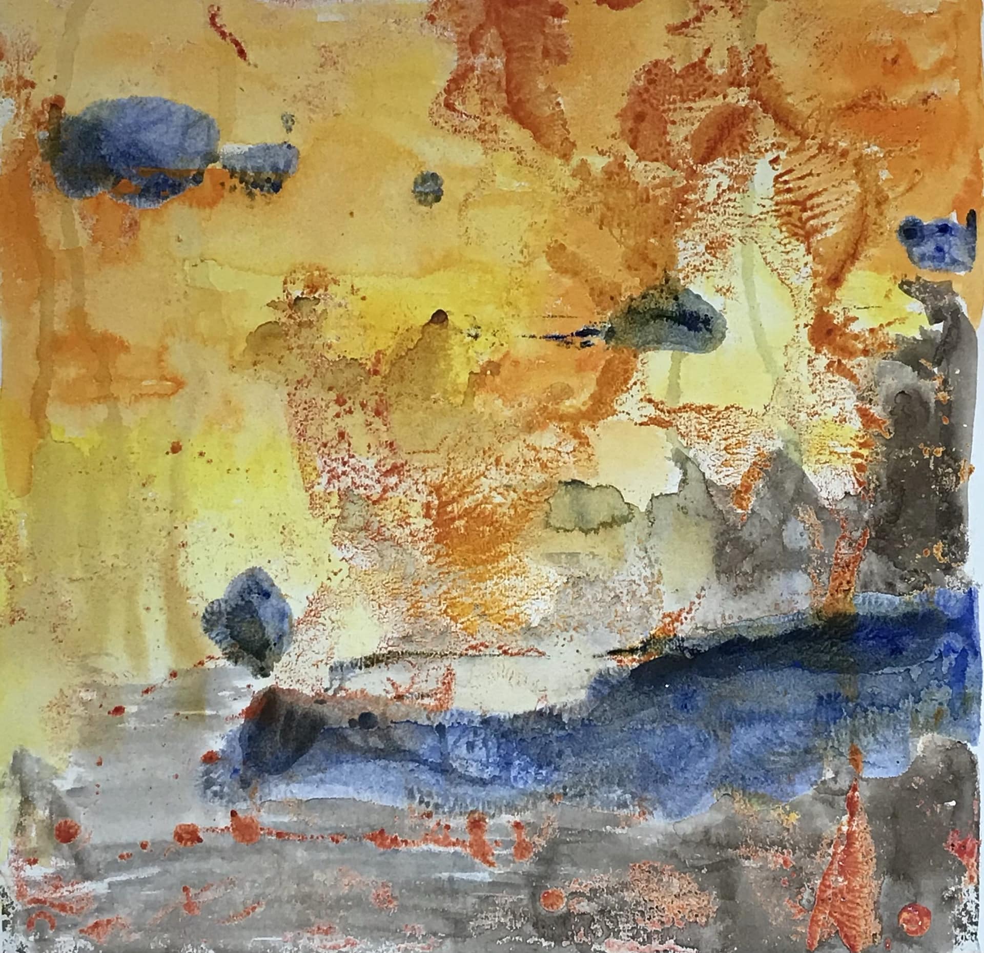 abstract encaustic art on paper, blue, orange red, and grey