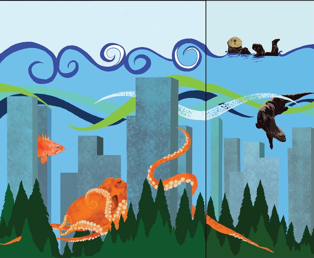 octopus, otter, climate change, buildings, fish